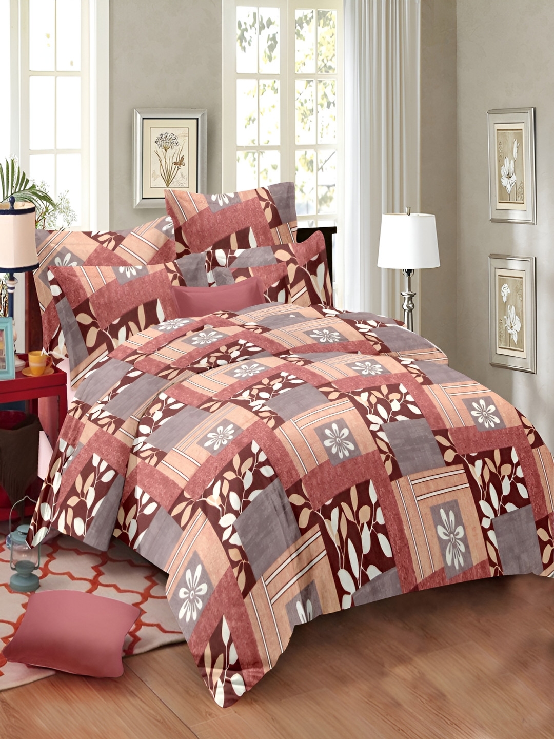 

borato Rust & White Floral 144 TC Cotton King Bedsheet with 2 Pillow Covers