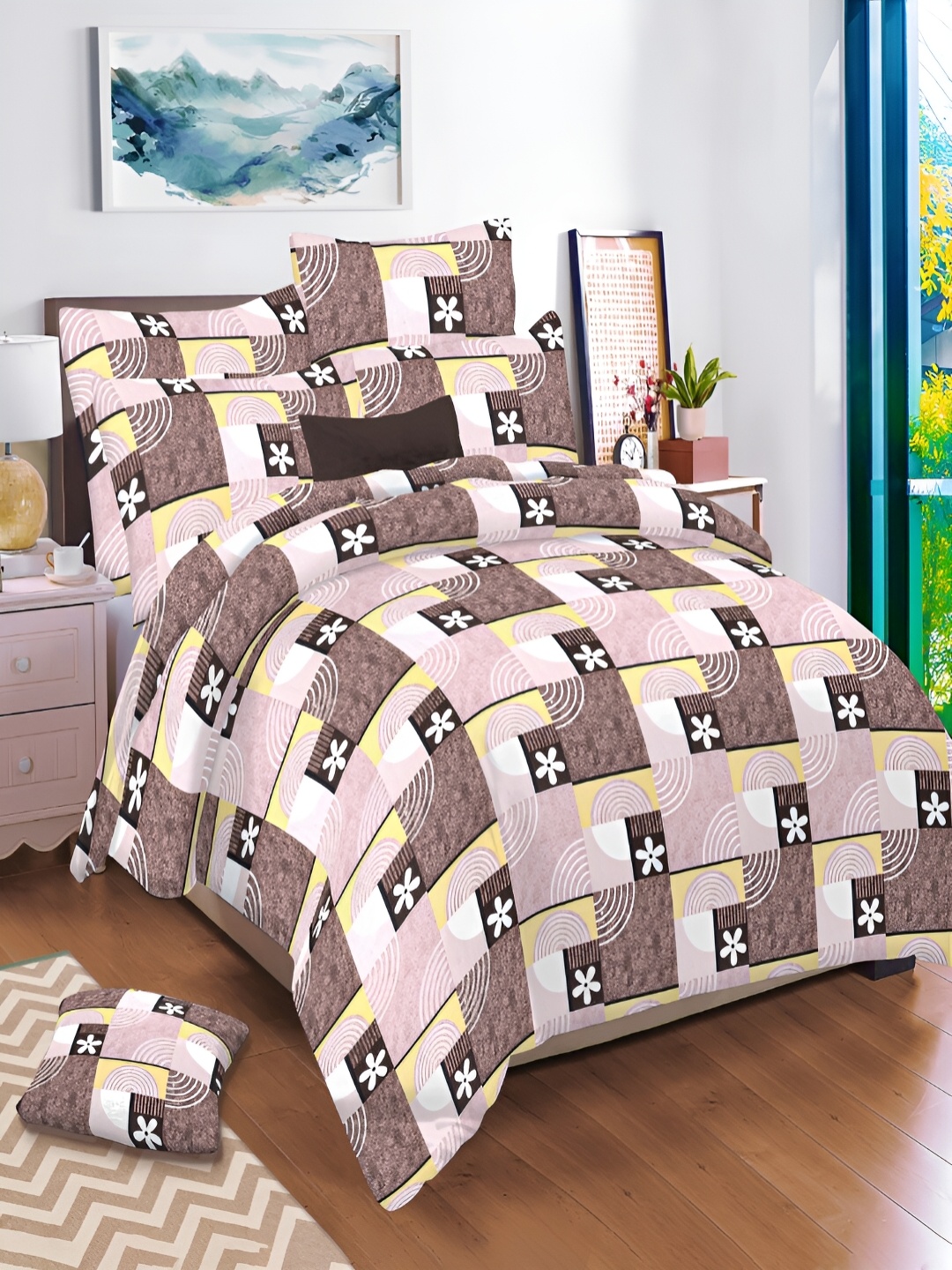 

borato Pink & White Floral 144 TC King Bedsheet with 2 Pillow Covers