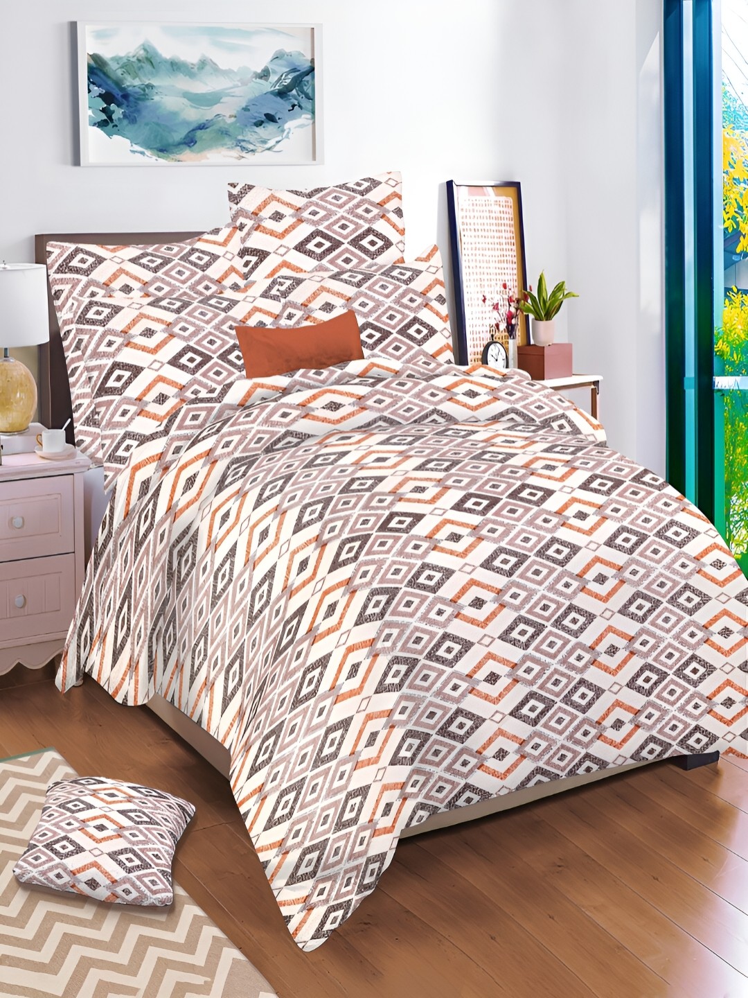 

borato Cream-Coloured & White Geometric 144 TC Cotton King Bedsheet with 2 Pillow Covers