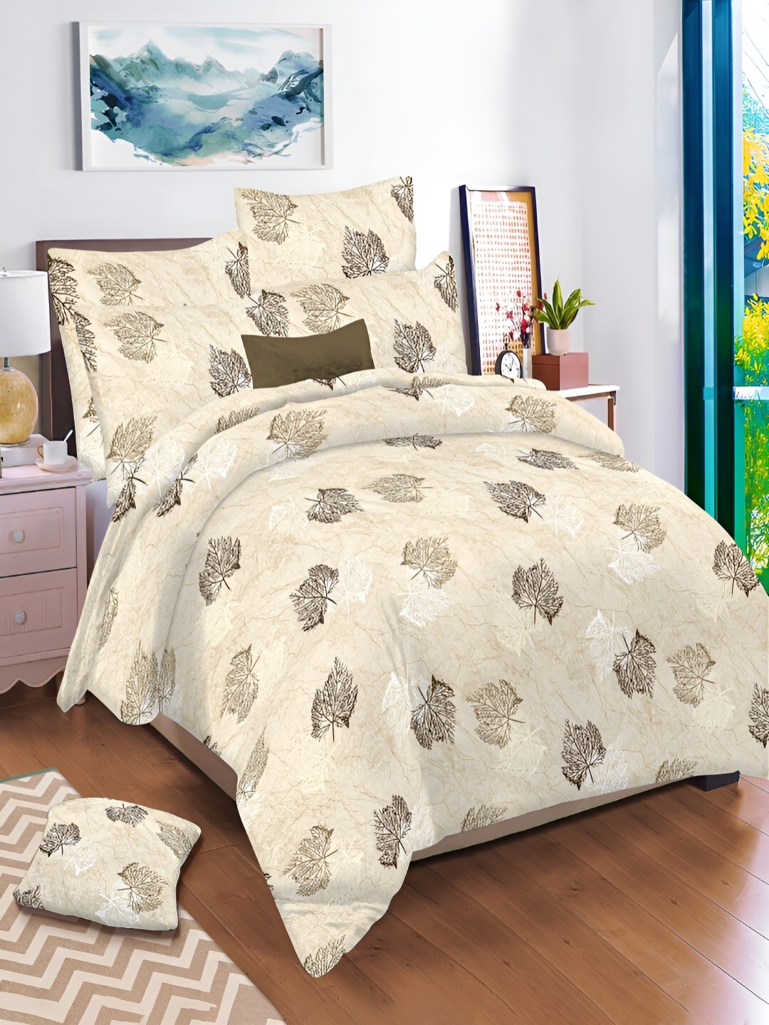 

borato Green & White Floral 144 TC Cotton King Bedsheet with 2 Pillow Covers