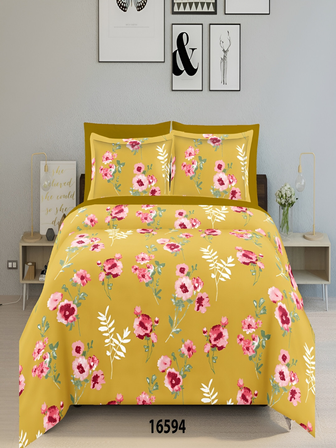 

borato Yellow & Pink Floral 144 TC King Bedsheet with 2 Pillow Covers
