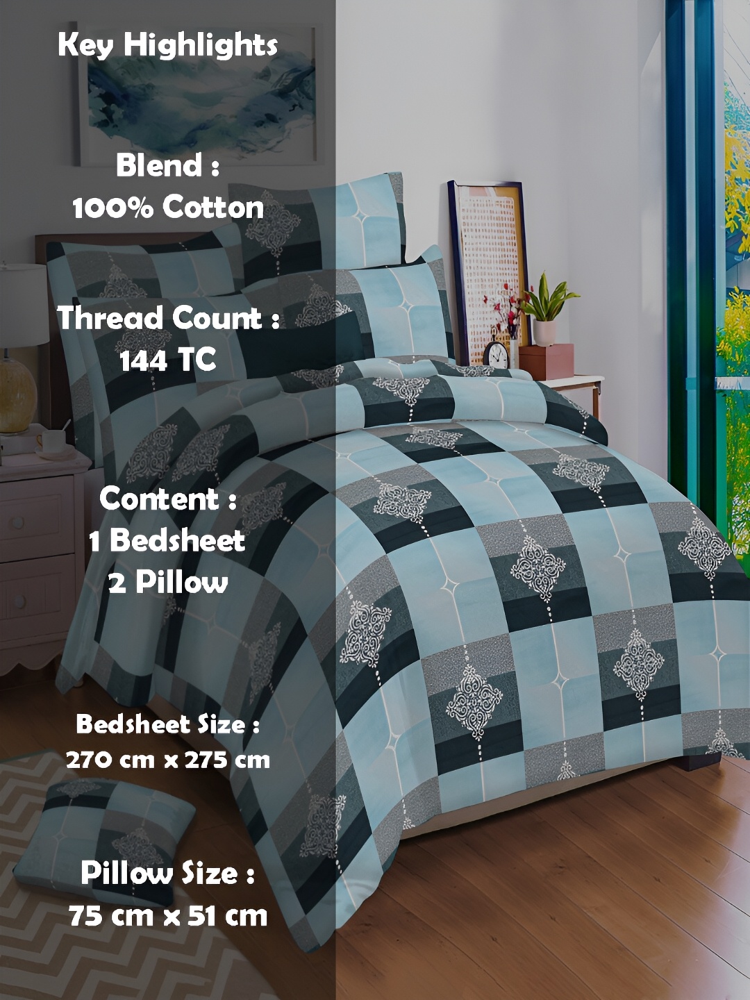 

borato Blue & White Ethnic Motifs 144 TC King Bedsheet with 2 Pillow Covers