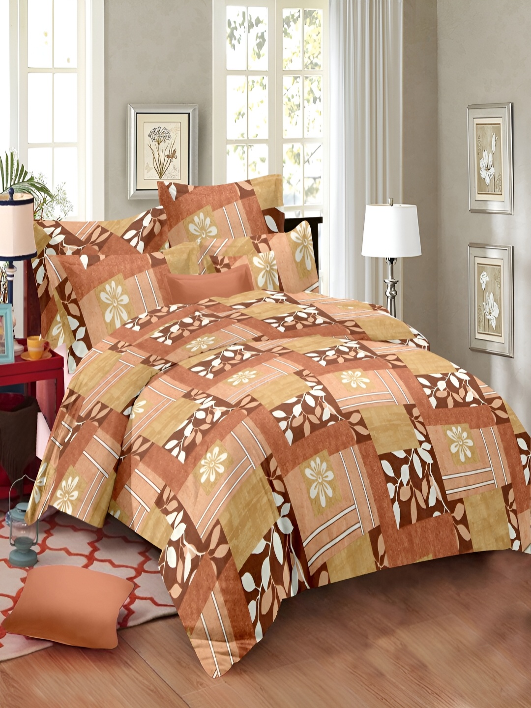 

borato Orange & White Floral 144 TC Cotton King Bedsheet with 2 Pillow Covers