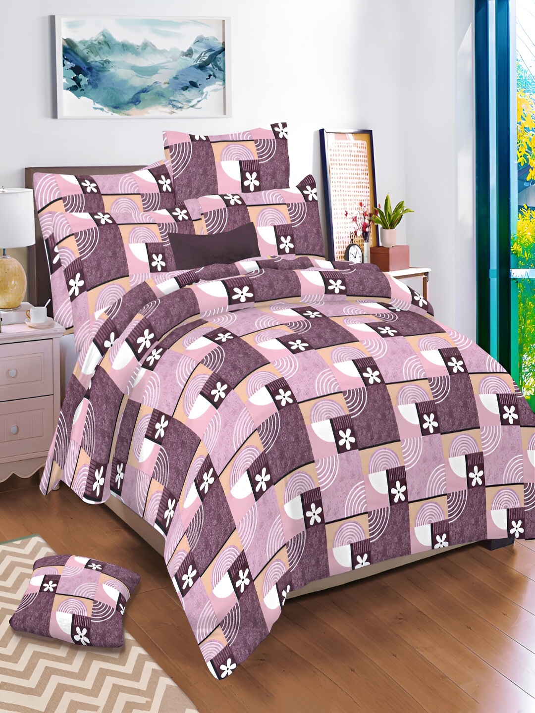 

borato Purple & White Floral 144 TC King Cotton Bedsheet with 2 Pillow Covers