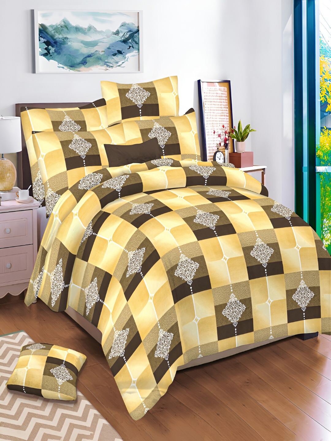 

borato Yellow & White Ethnic Motifs 144 TC King Cotton Bedsheet with 2 Pillow Covers