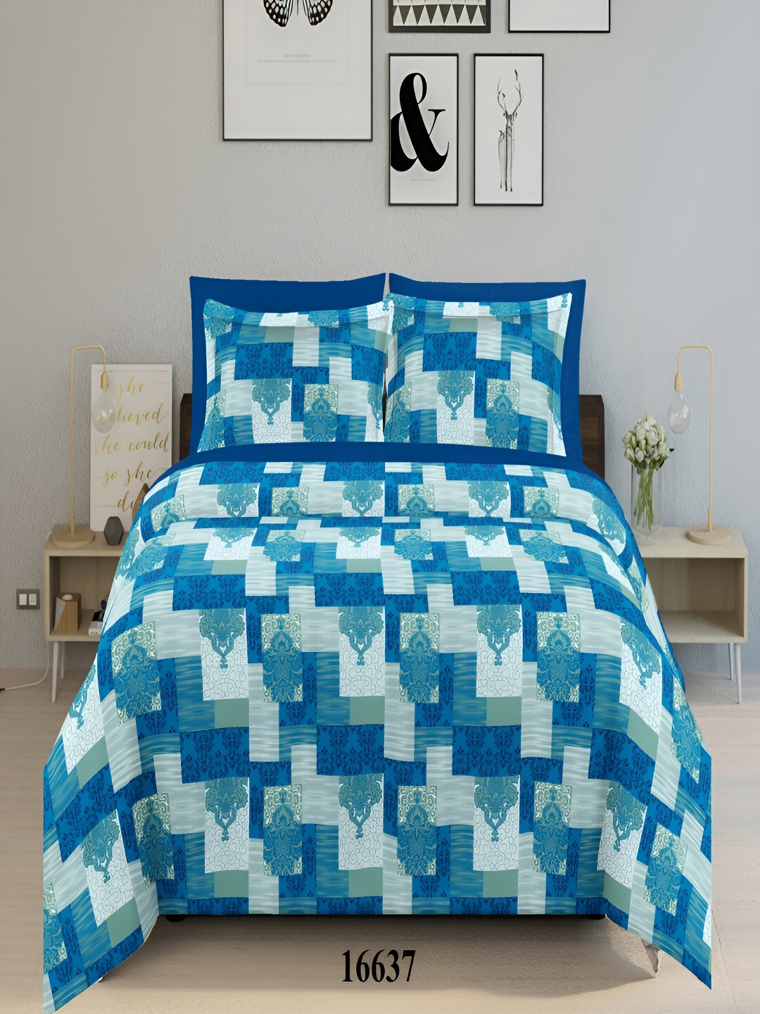 

borato Blue & Green Ethnic Motifs 144 TC King Cotton Bedsheet with 2 Pillow Covers