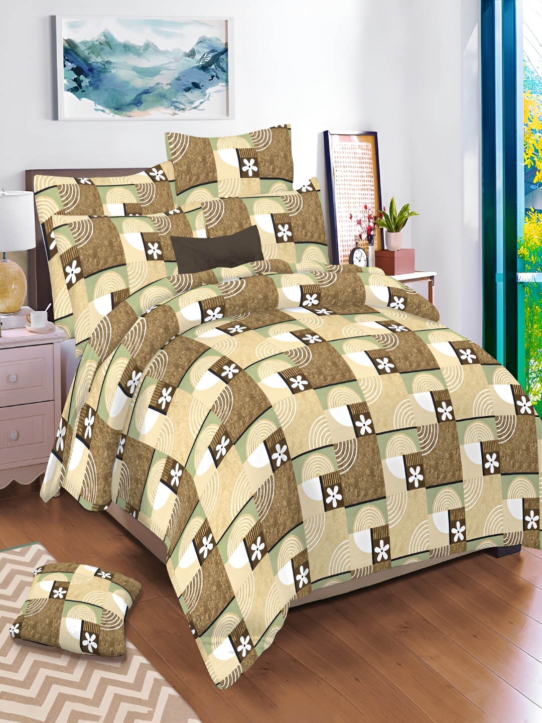 

borato Green & White Floral 144 TC King Cotton Bedsheet with 2 Pillow Covers