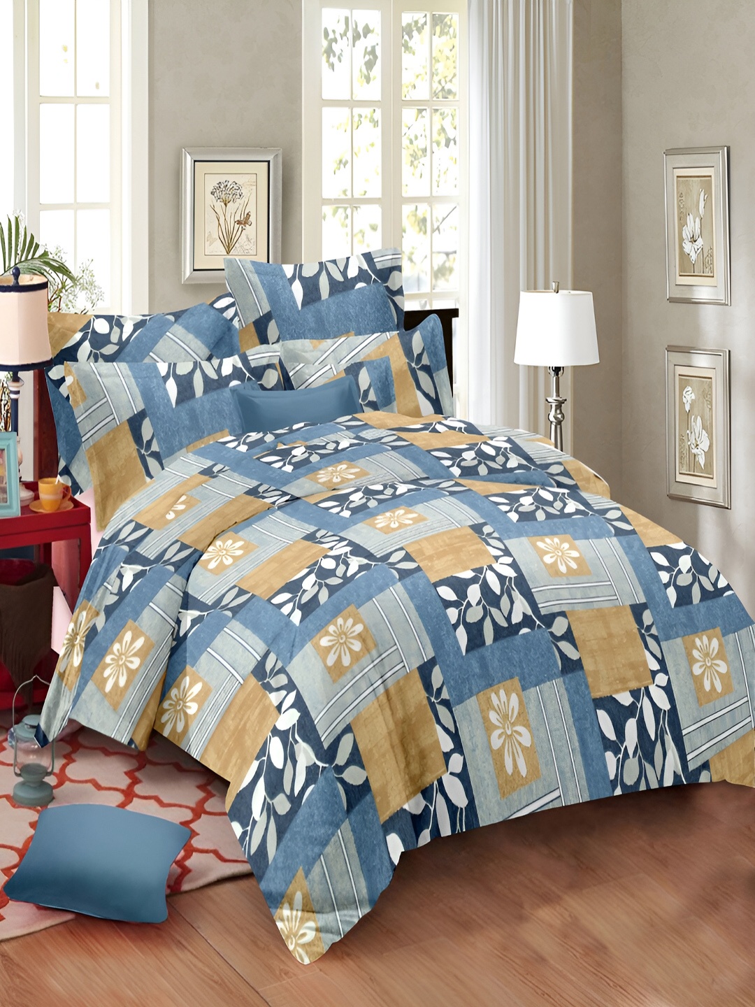 

borato Blue & Cream-Coloured Floral 144 TC King Cotton Bedsheet with 2 Pillow Covers