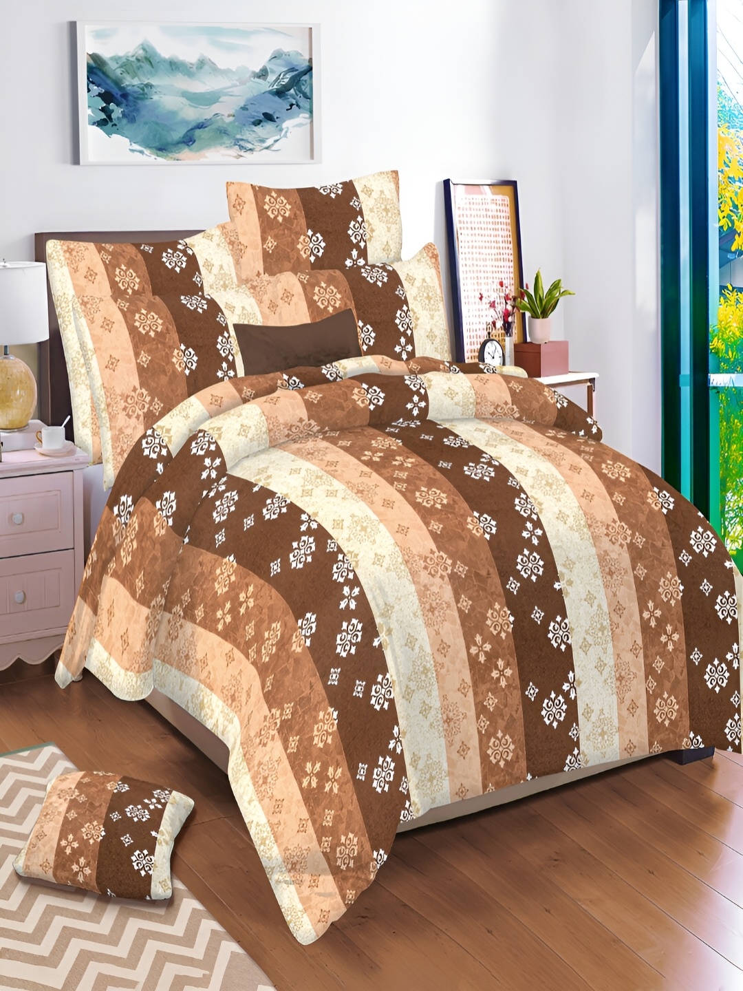 

borato Orange & Brown Floral 144 TC Cotton King Bedsheet with 2 Pillow Covers