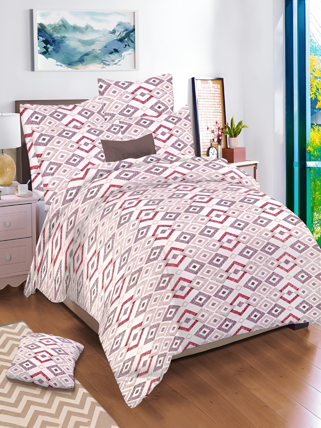 

borato Pink & White Geometric 144 TC King Cotton Bedsheet with 2 Pillow Covers