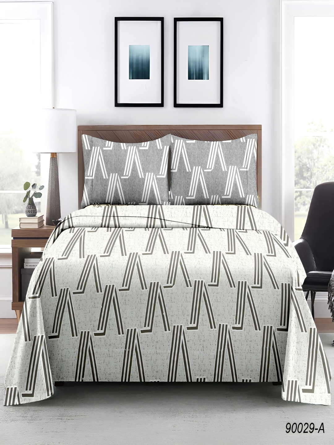 

borato Grey & Black Geometric 180 TC Cotton King Bedsheet with 2 Pillow Covers