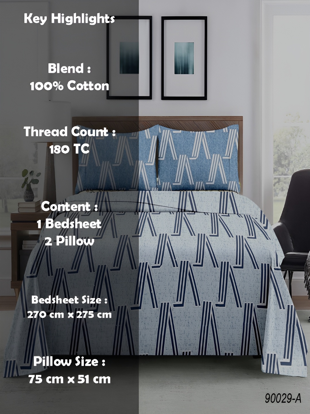 

borato Blue & White Geometric 180 TC Cotton King Bedsheet with 2 Pillow Covers