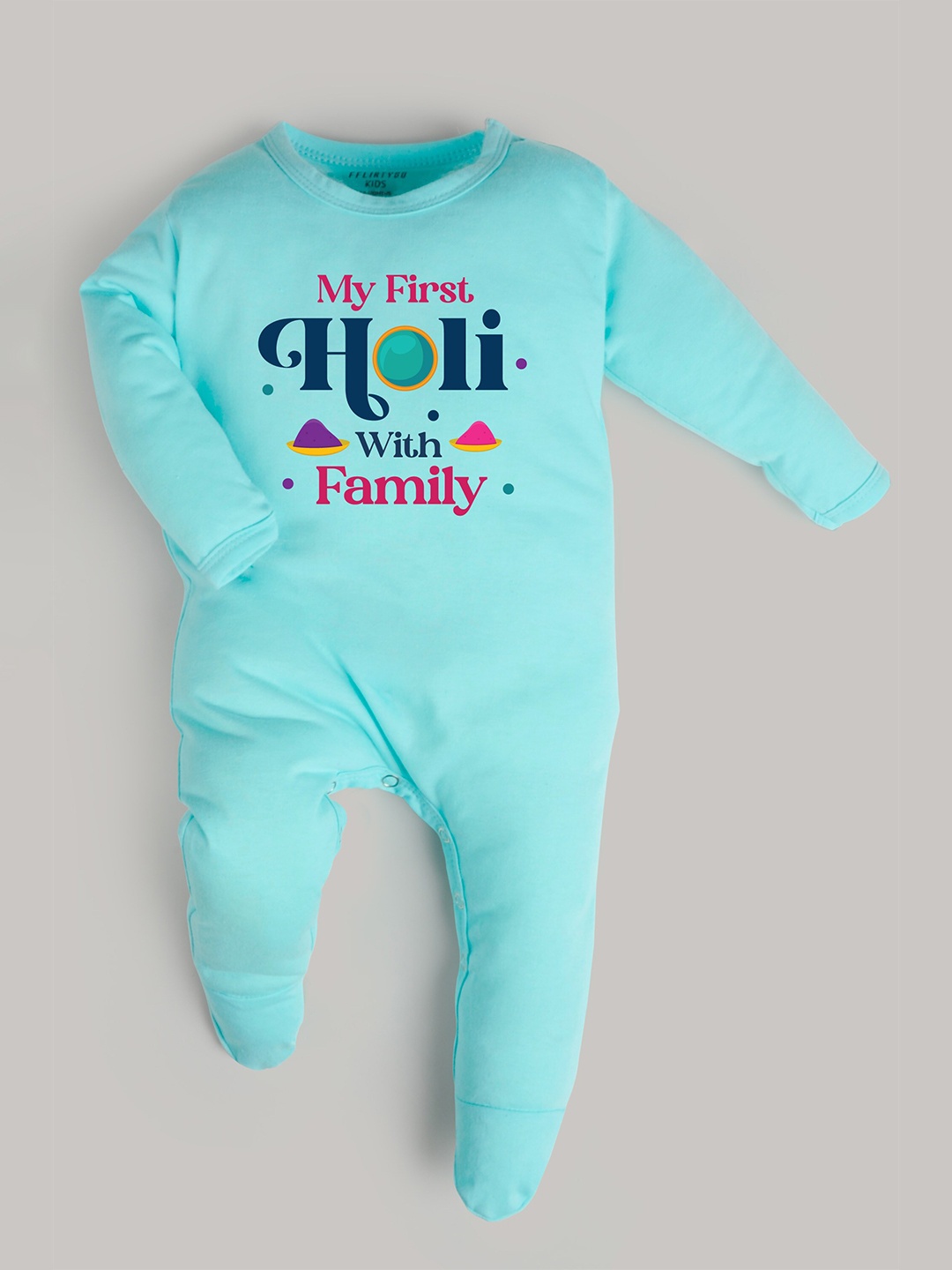 

FFLIRTYGO Kids Holi Printed Long Sleeves Cotton Sleepsuit, Turquoise blue