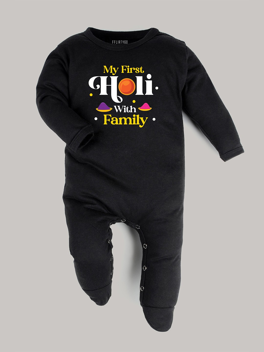 

FFLIRTYGO Kids Holi Printed Long Sleeves Cotton Sleepsuit, Black