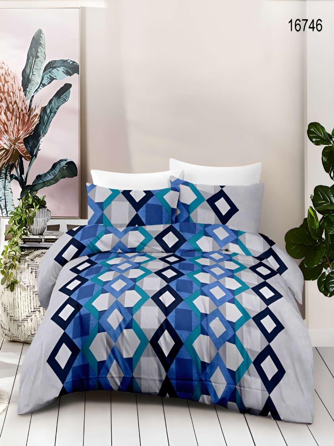 

borato Blue & Grey Geometric 180 TC Cotton Queen Bedsheet with 2 Pillow Covers