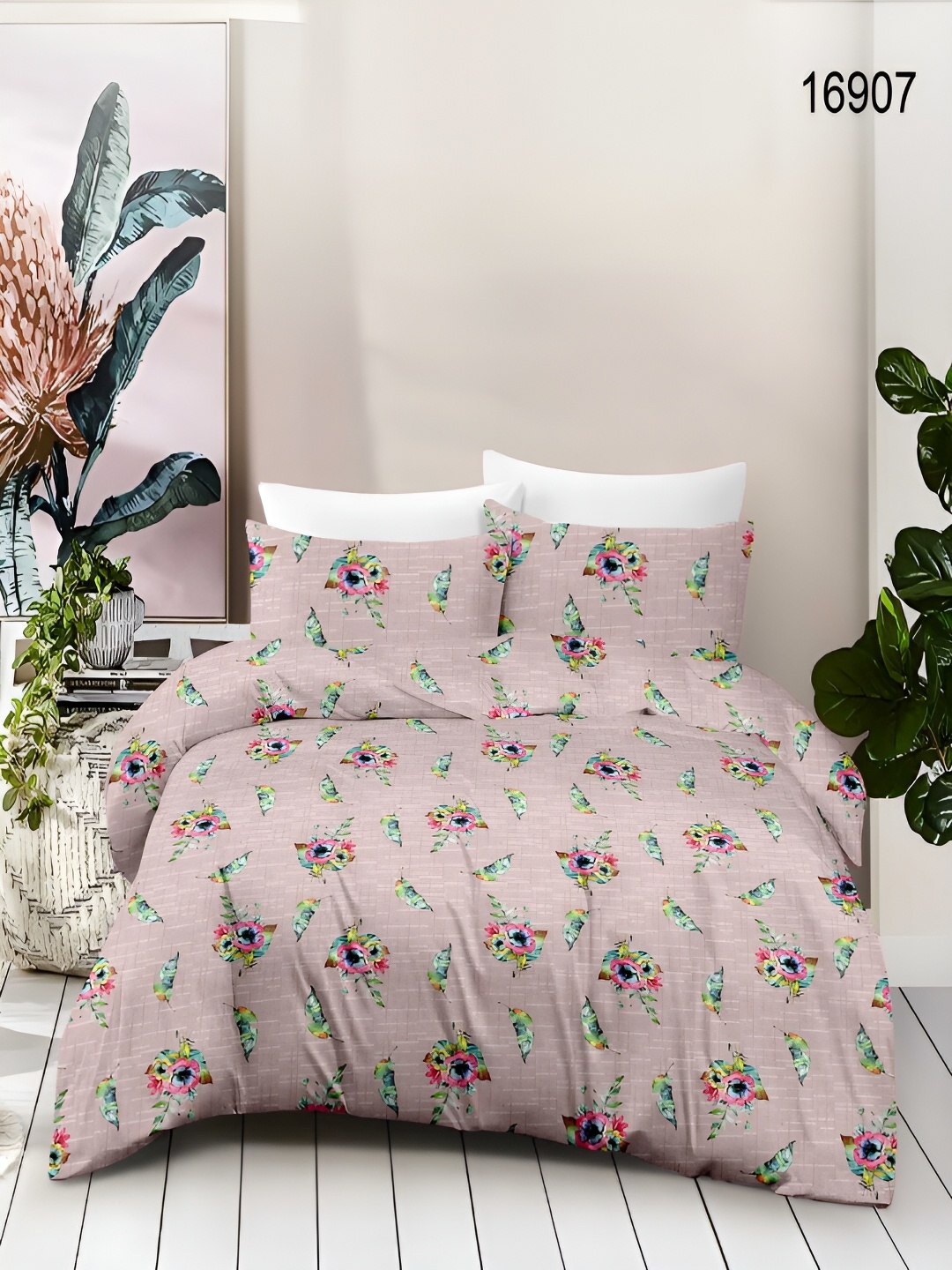 

borato Pink & Green Floral 180 TC Cotton Queen Bedsheet with 2 Pillow Covers