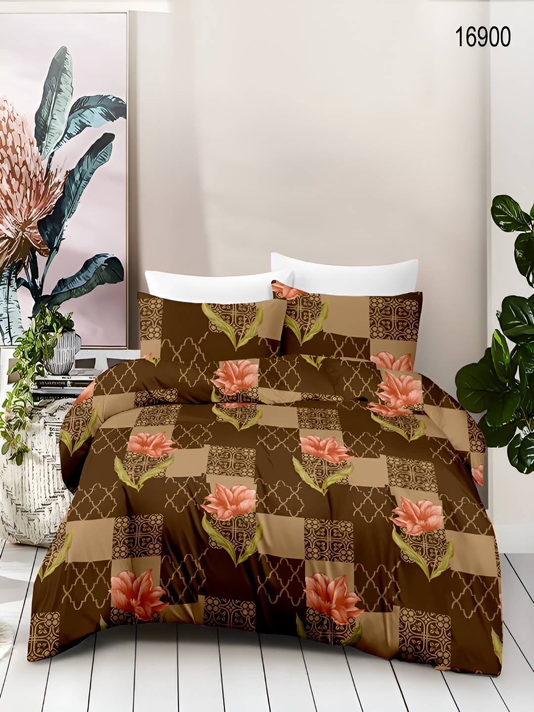 

borato Brown & Orange Floral Cotton 180 TC Queen Bedsheet with 2 Pillow Covers