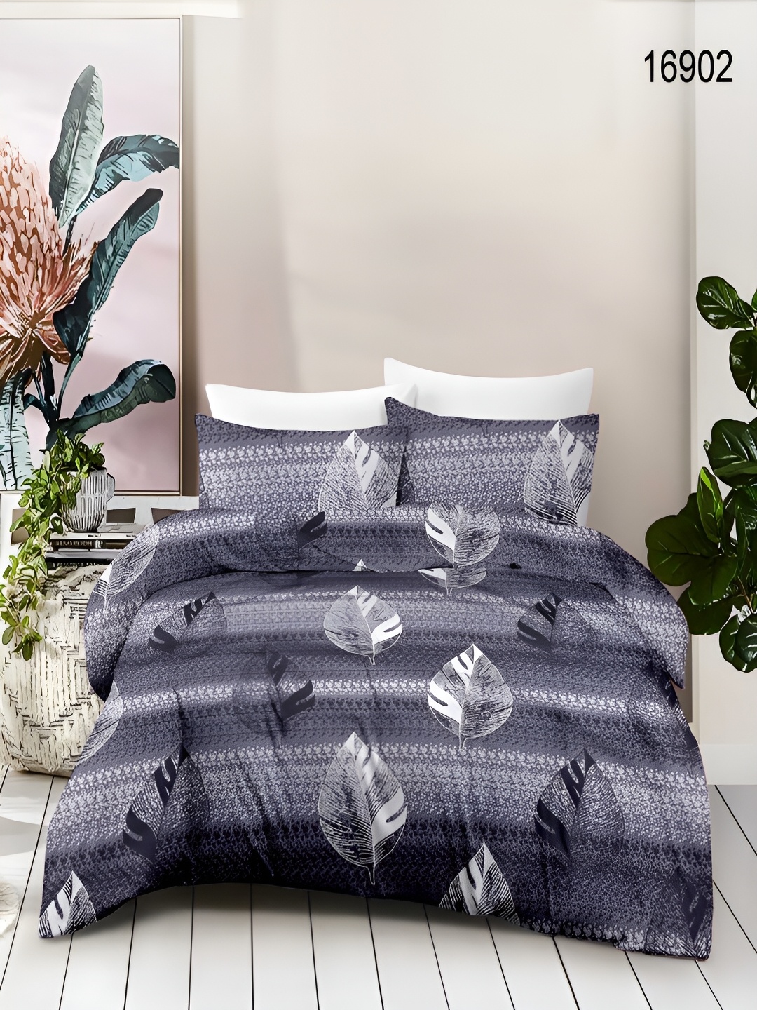 

borato Grey & White Floral Cotton180 TC Queen Bedsheet with 2 Pillow Covers