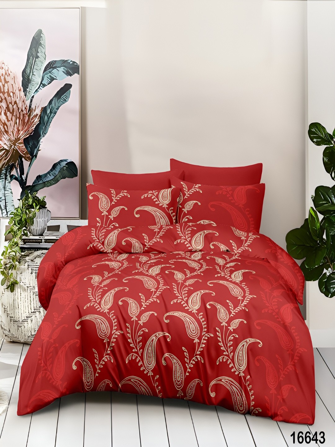 

borato Red Ethnic Motifs 180 TC Flat Cotton Double Queen Bedsheet With 2 Pillow Covers