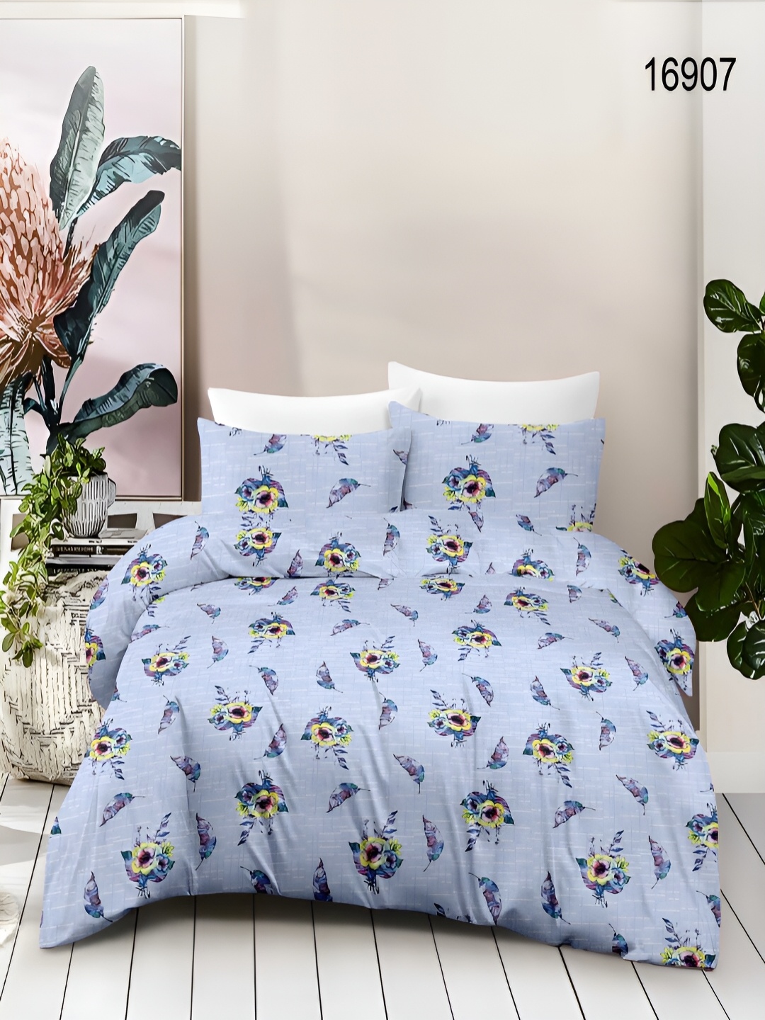 

borato Blue & Yellow Floral 180 TC Cotton Queen Bedsheet with 2 Pillow Covers