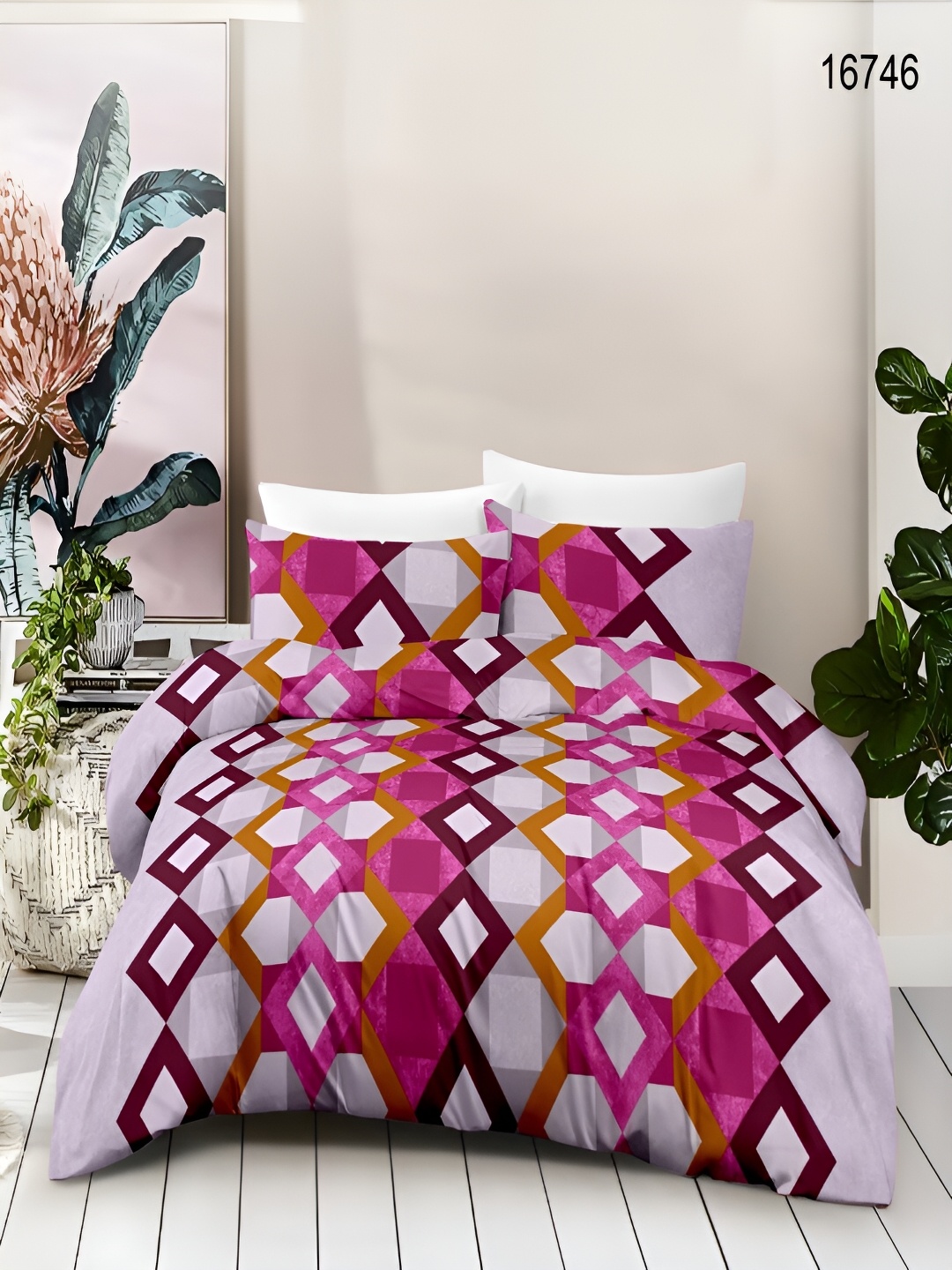 

borato Pink & White Geometric Cotton 180 TC Queen Bedsheet with 2 Pillow Covers