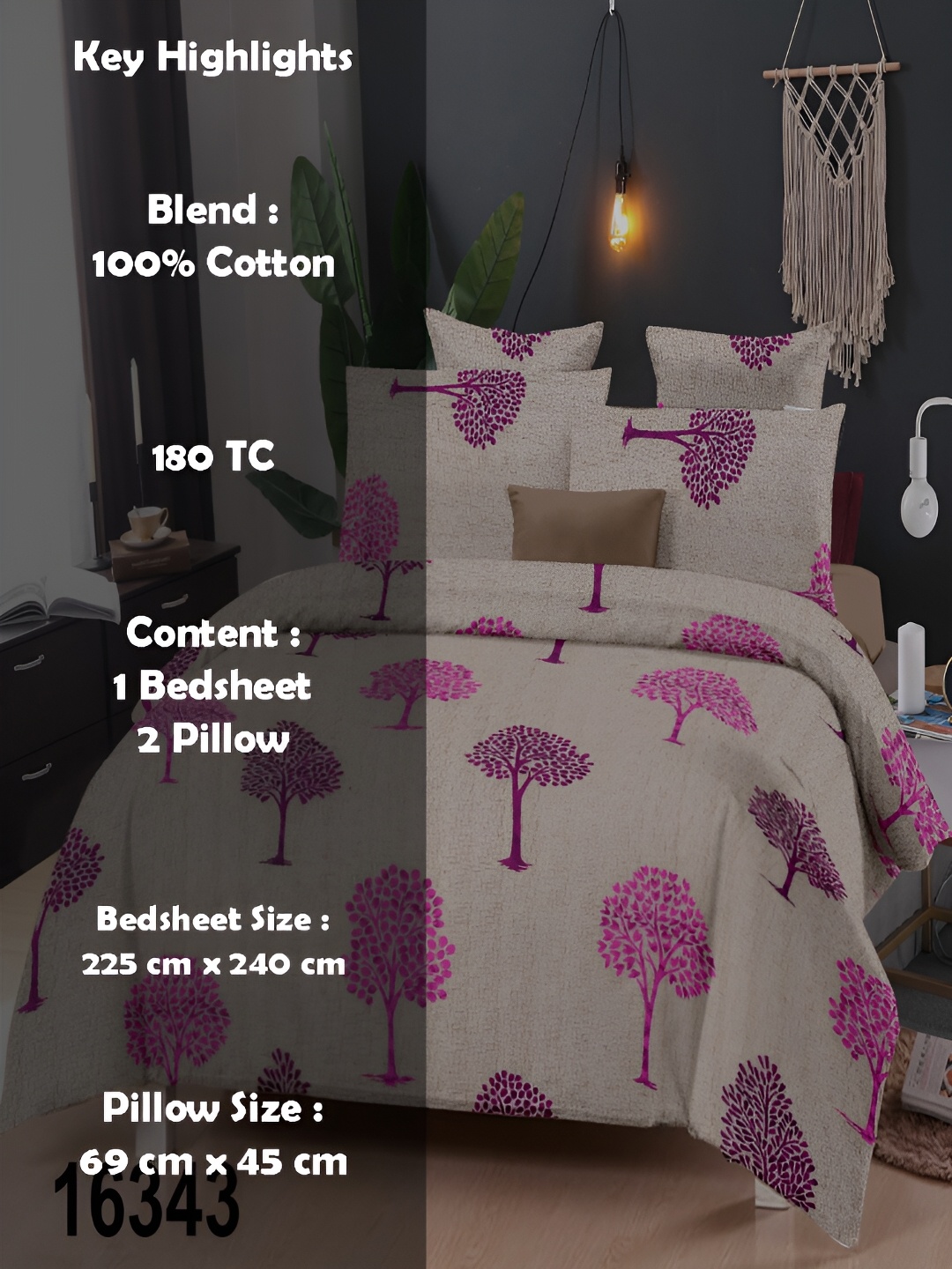 

borato Beige & Pink Graphic 180 TC Flat Cotton Queen Bedsheet With 2 Pillow Covers