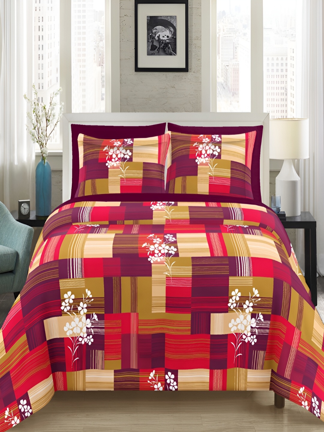 

borato Red & Green Floral Cotton 180 TC Queen Bedsheet with 2 Pillow Covers