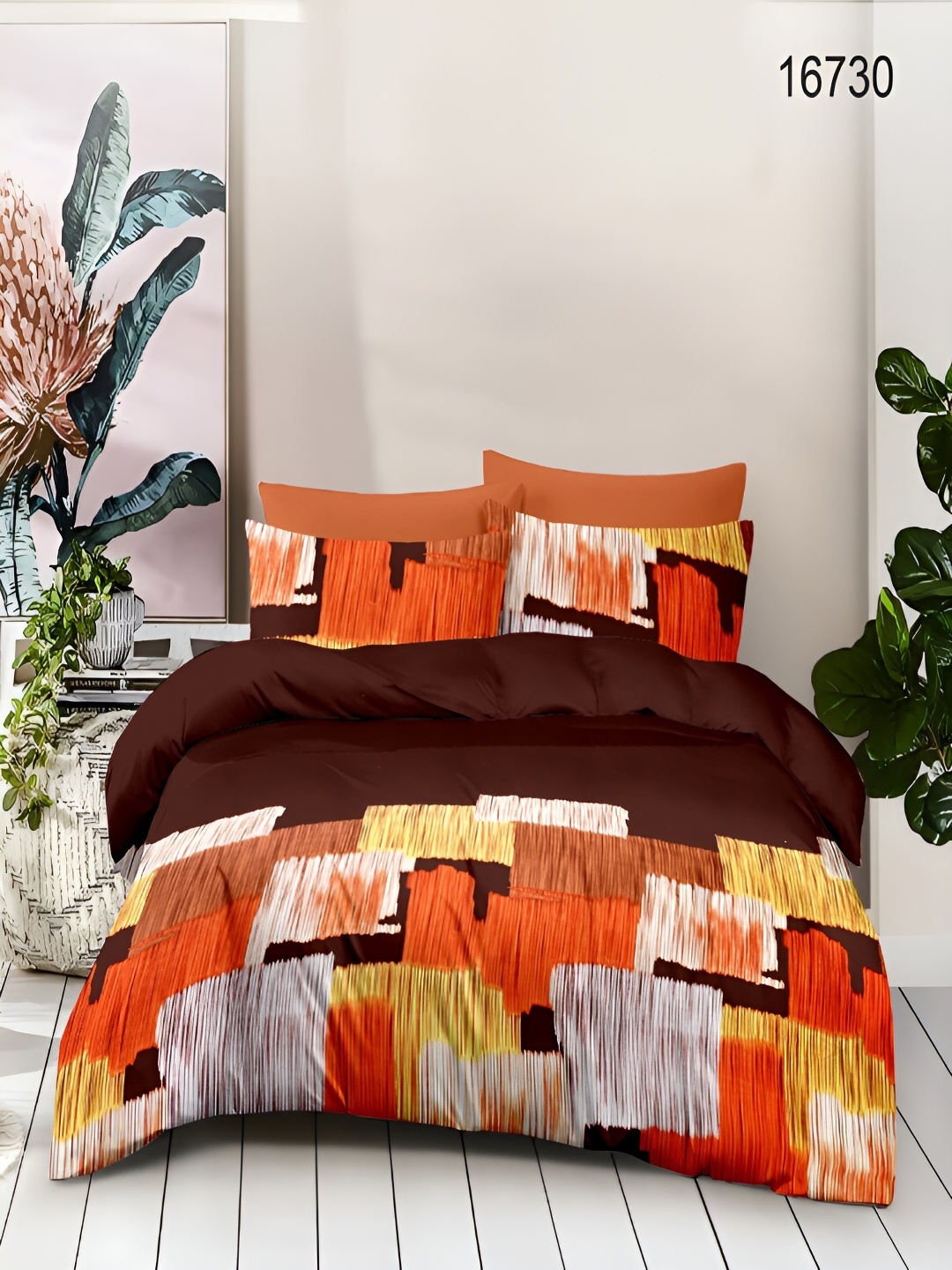 

borato Orange & White Abstract 180 TC Cotton Queen Bedsheet with 2 Pillow Covers