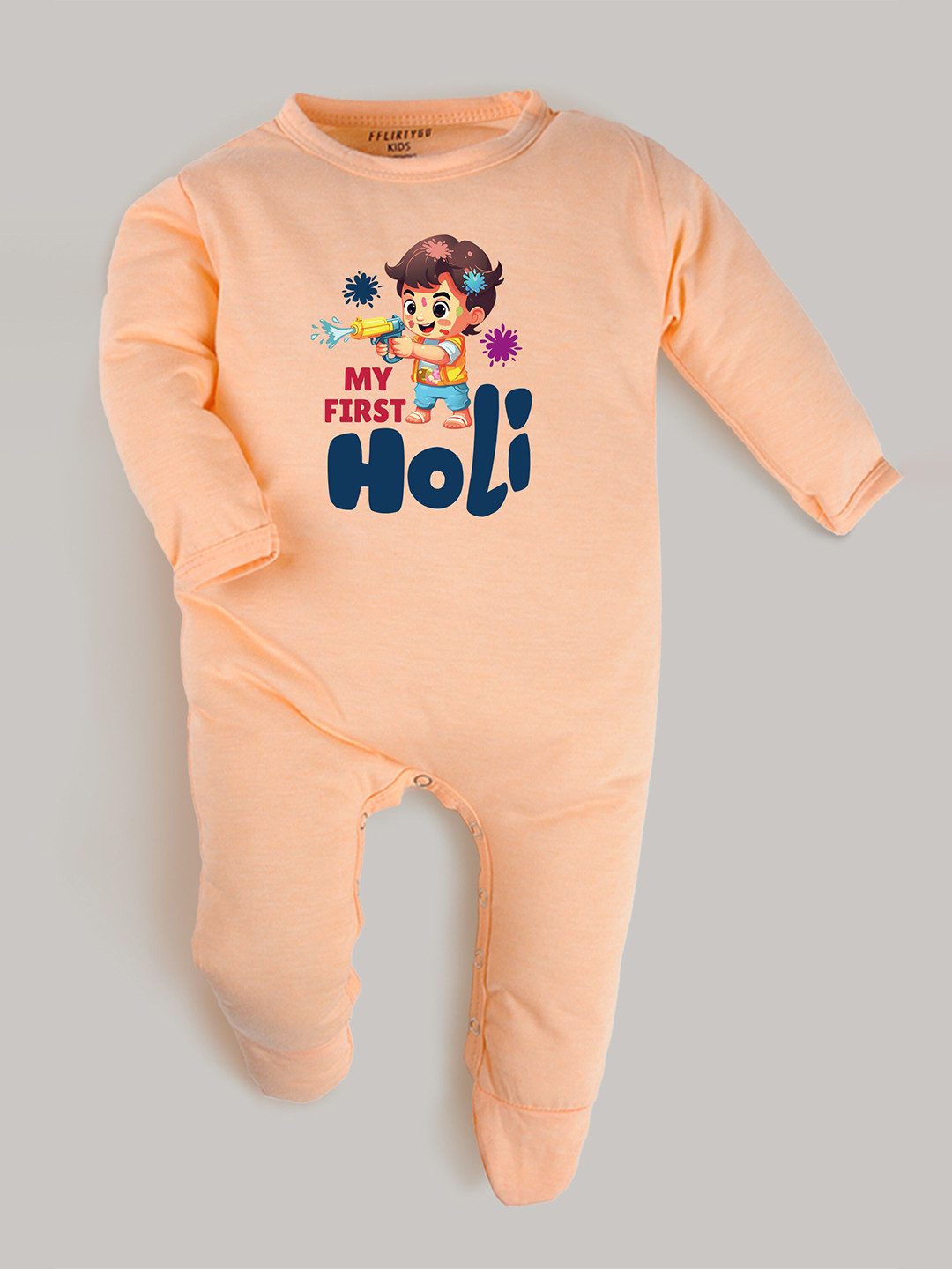 

FFLIRTYGO Kids Holi Printed Cotton Sleepsuit, Peach