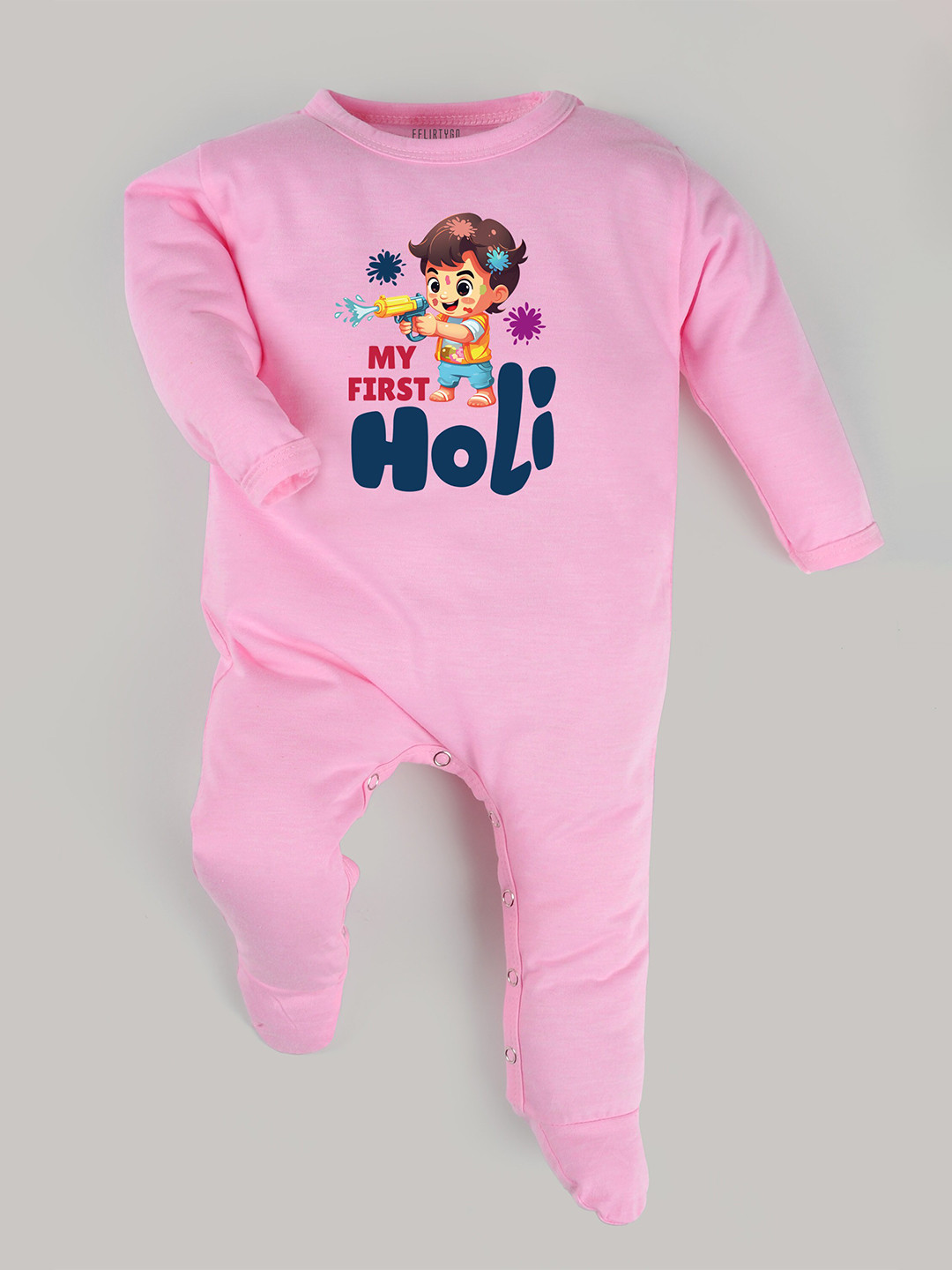 

FFLIRTYGO Kids Holi Printed Cotton Sleepsuit, Pink