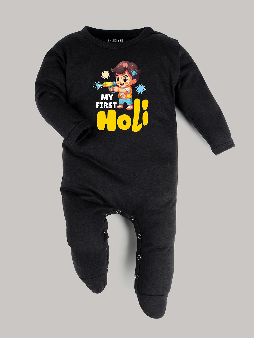

FFLIRTYGO Infant Printed Holi Special Sleepsuit, Black
