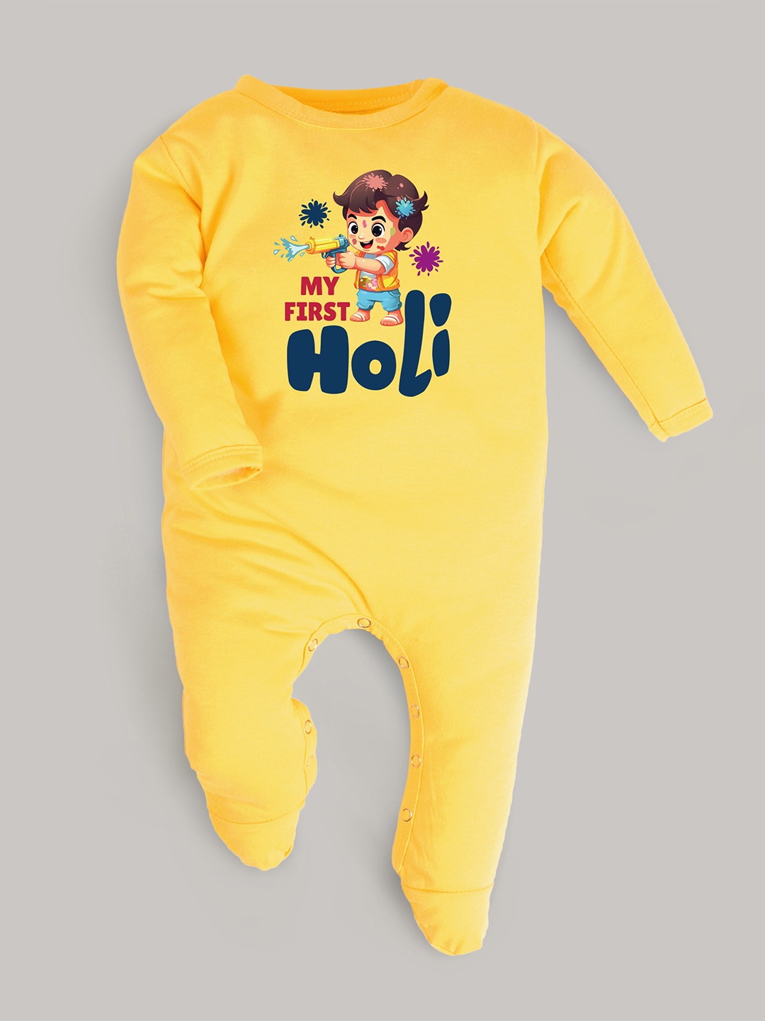

FFLIRTYGO Kids Holi Printed Cotton Sleepsuit, Yellow