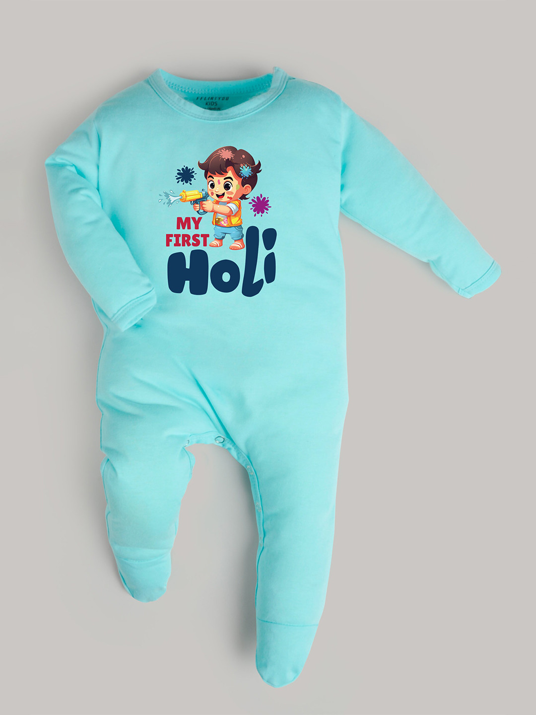 

FFLIRTYGO Kids Holi Printed Long Sleeves Cotton Sleepsuit, Turquoise blue