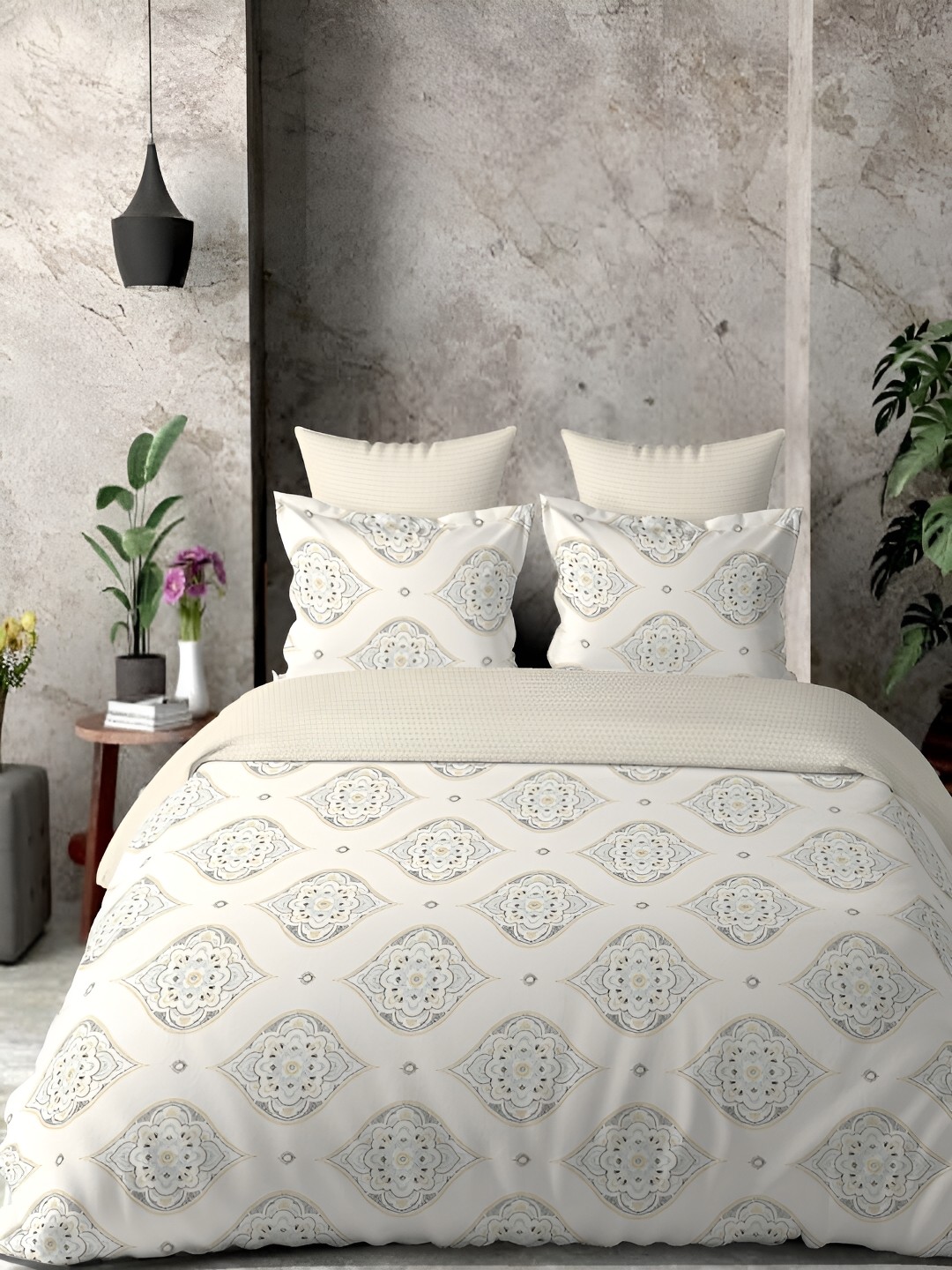

borato Yellow & White Ethnic Motifs Cotton 300 TC King Bedsheet with 2 Pillow Covers