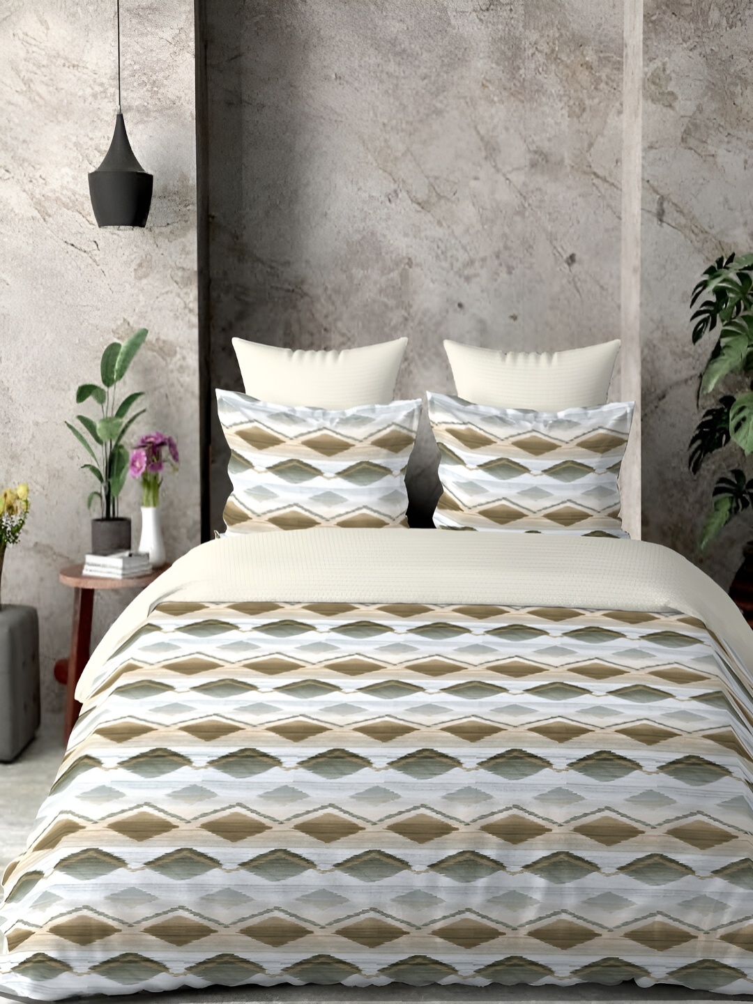 

borato Green & White Geometric 300 TC Cotton King Bedsheet with 2 Pillow Covers