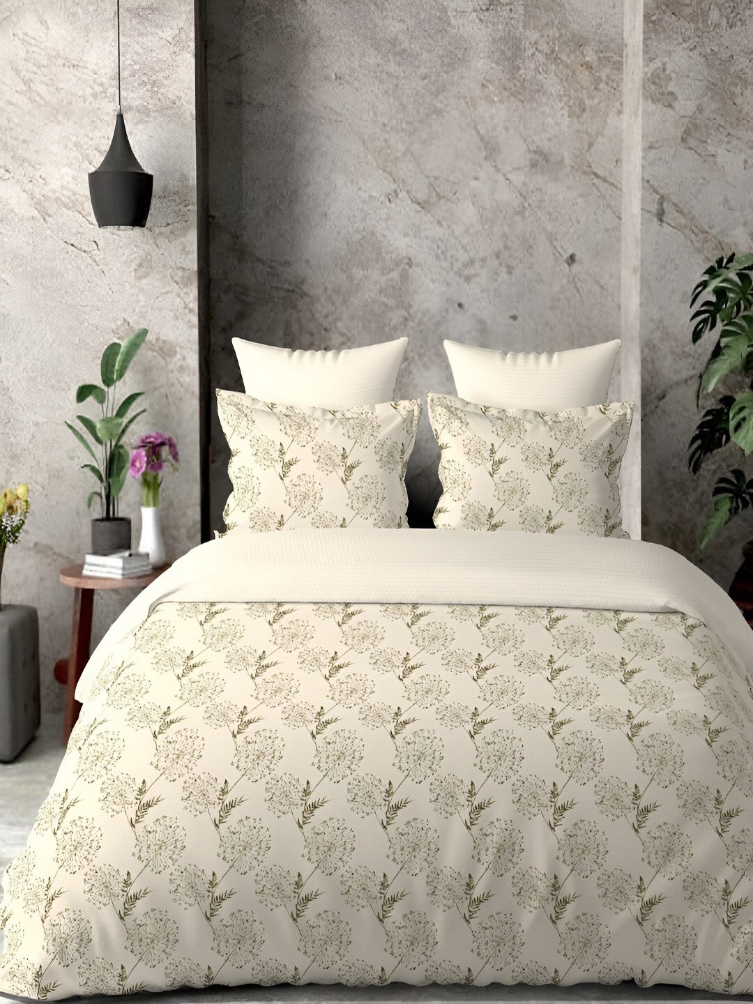 

borato Yellow & Green Floral 300 TC King Cotton Bedsheet with 2 Pillow Covers