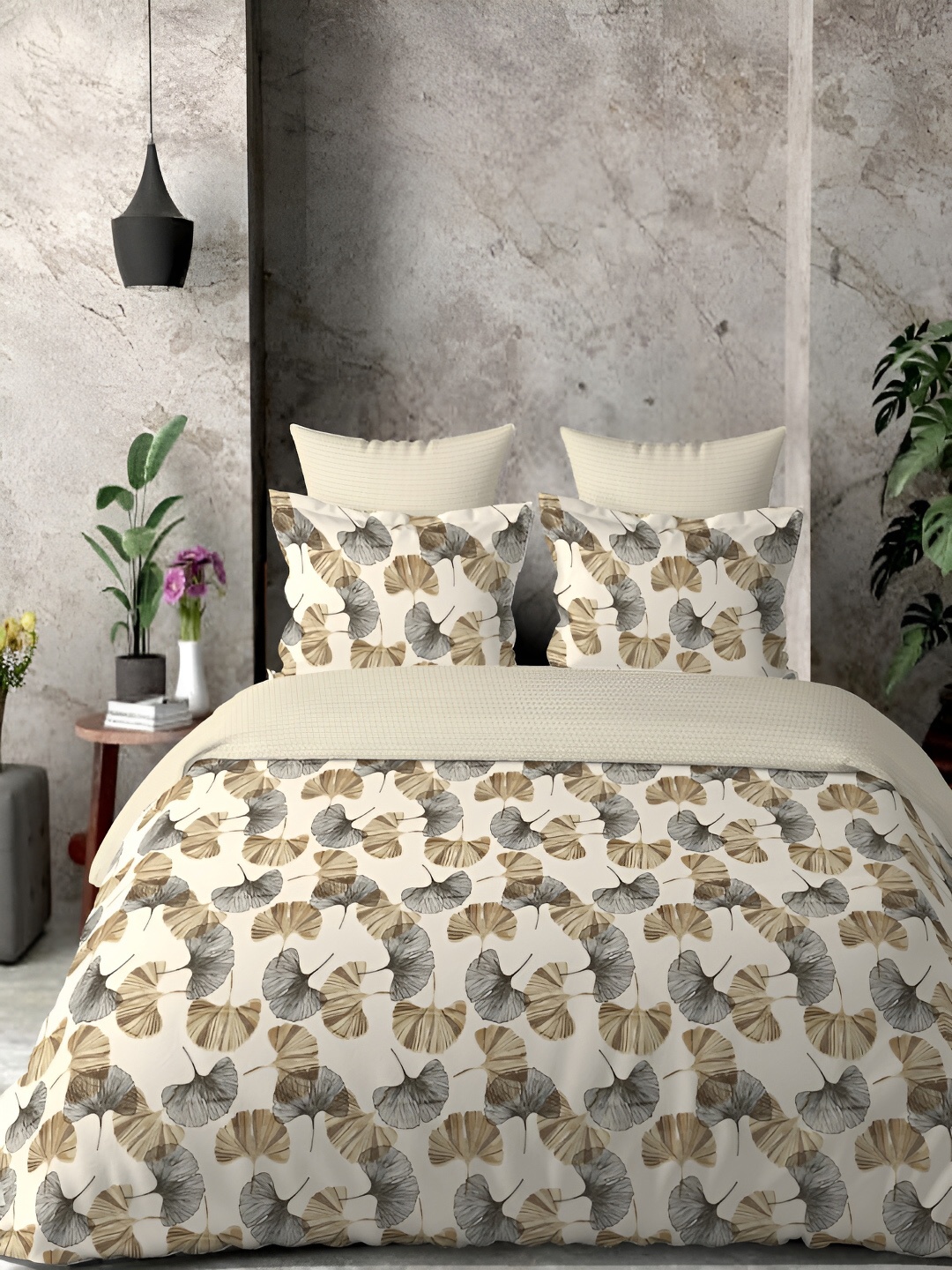 

borato Yellow & Grey Floral Printed 300 TC Cotton Flat King Bedsheet with 2 Pillow Covers