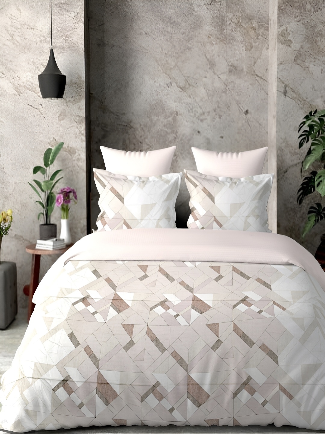 

borato Pink & White Abstract Cotton 300 TC King Bedsheet with 2 Pillow Covers