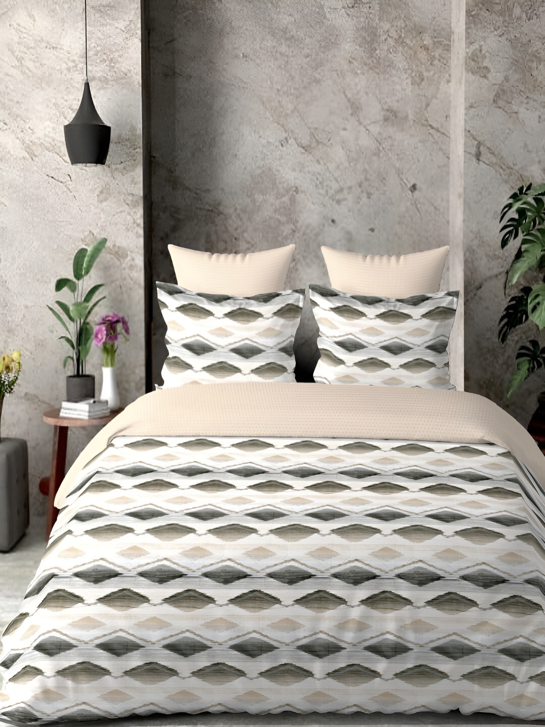 

borato Pink & Grey Geometric 300 TC Cotton King Bedsheet with 2 Pillow Covers