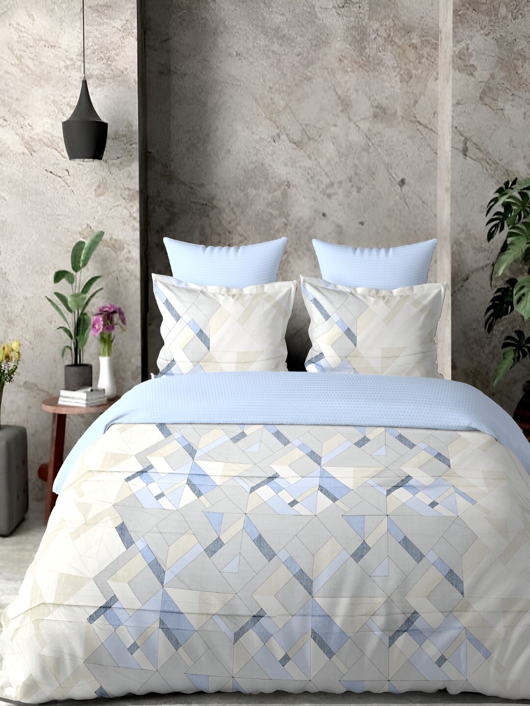 

borato Blue & Grey Abstract 300 TC Cotton King Bedsheet with 2 Pillow Covers
