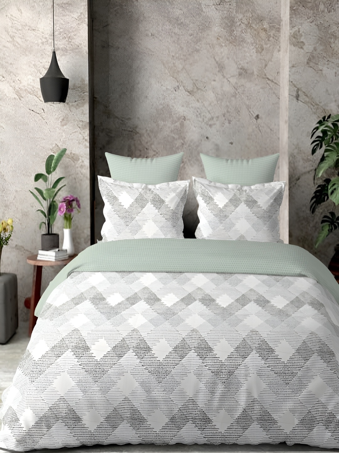 

borato Green & White Geometric 300 TC Cotton King Bedsheet with 2 Pillow Covers
