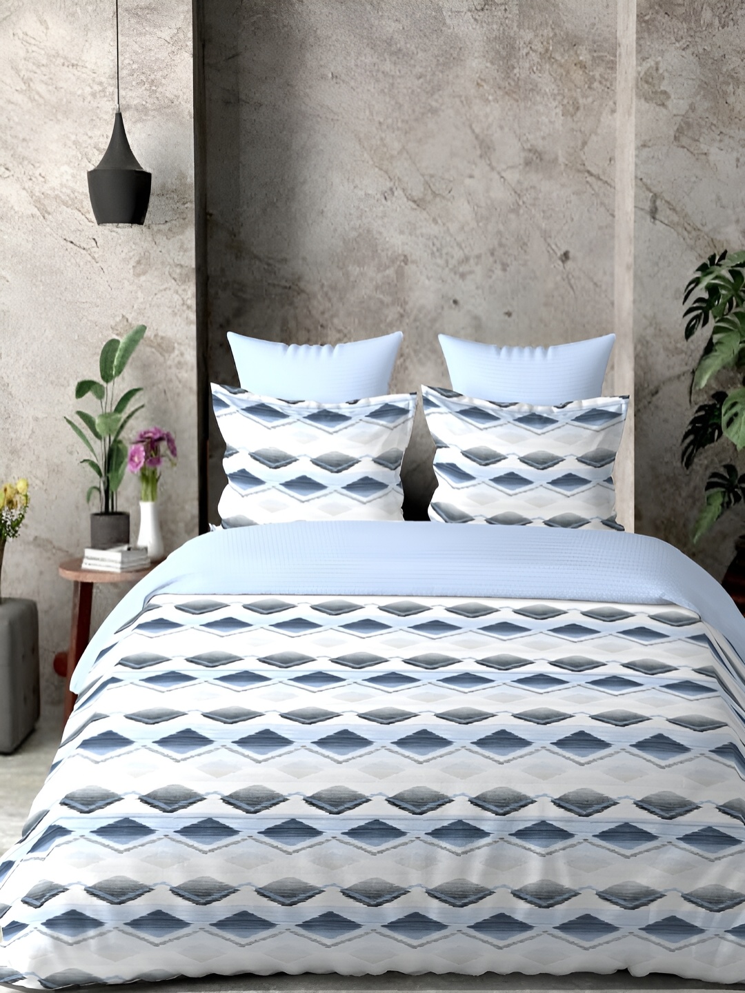

borato Blue & White Geometric Cotton 300 TC King Bedsheet with 2 Pillow Covers