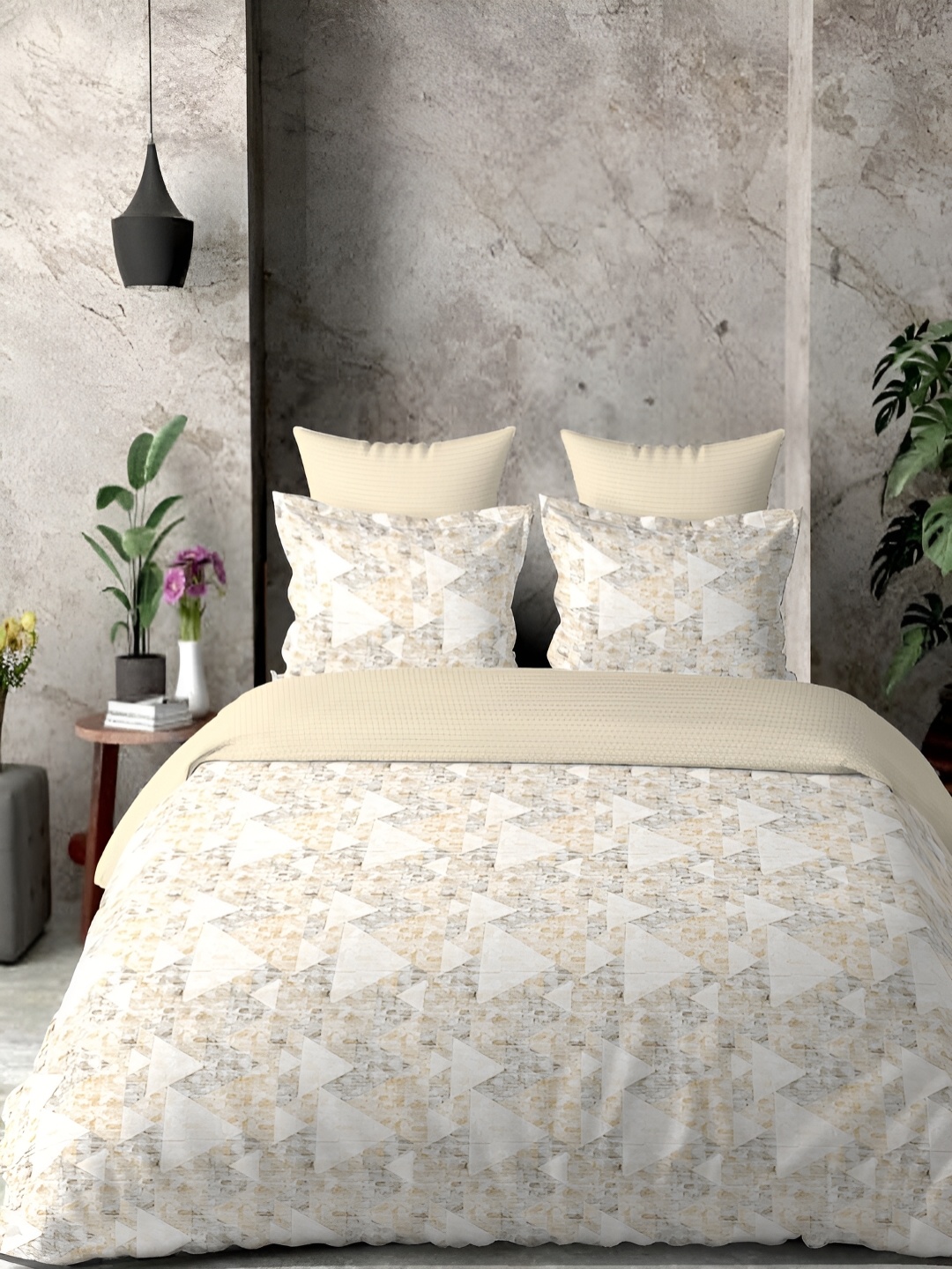 

borato Yellow & White Geometric Cotton 300 TC King Bedsheet with 2 Pillow Covers