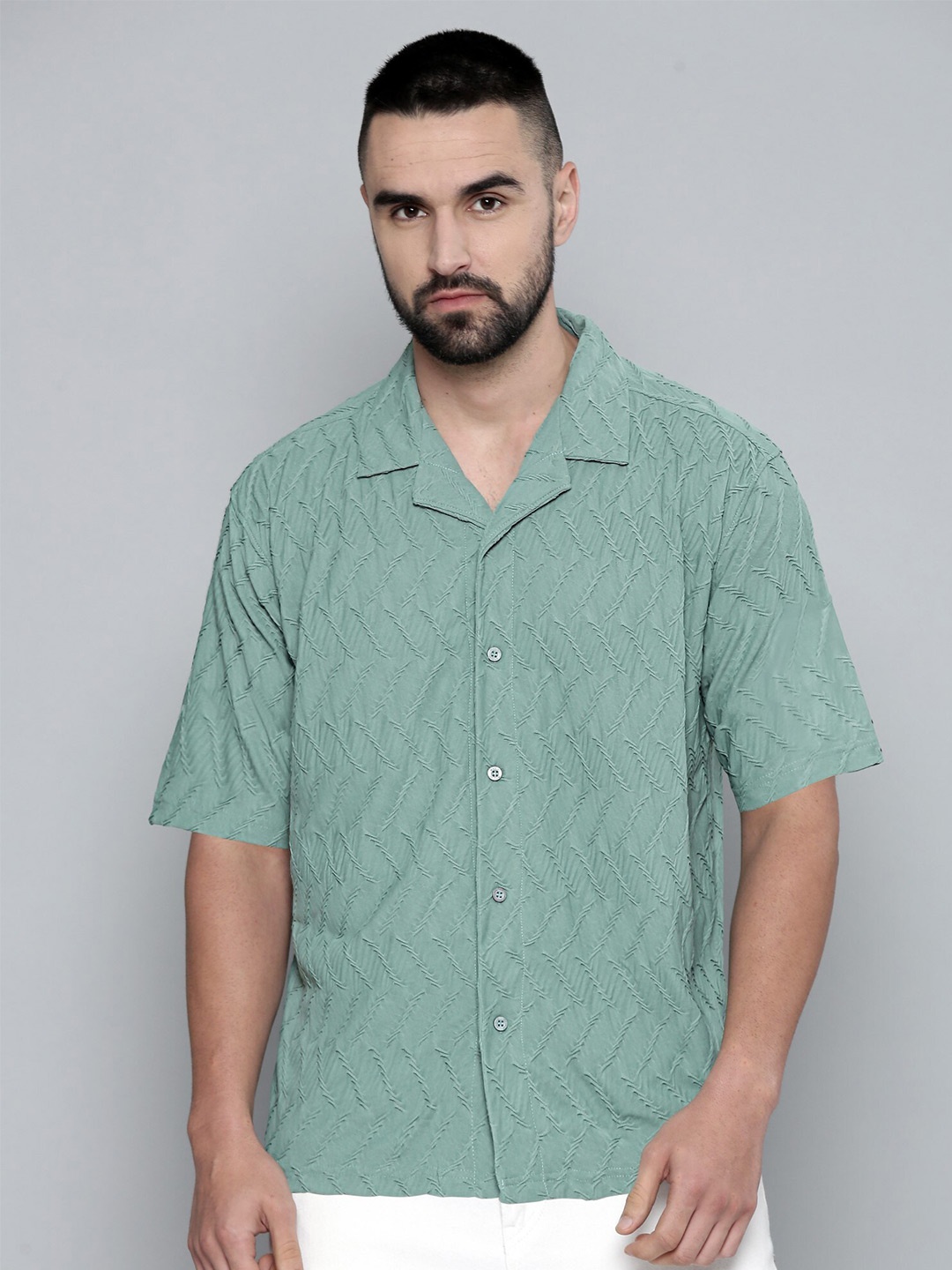 

Maniac Relaxed Fit Textured Self Design Oversized Cotton Casual Shirt, Green