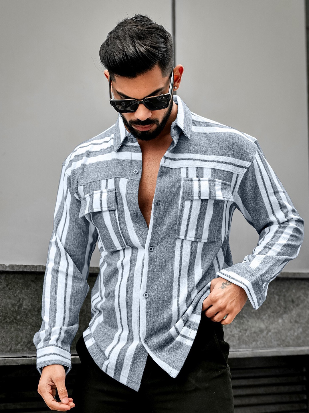 

Maniac Classic Fit Vertical Striped Knitted Weave Casual Shirt, Black