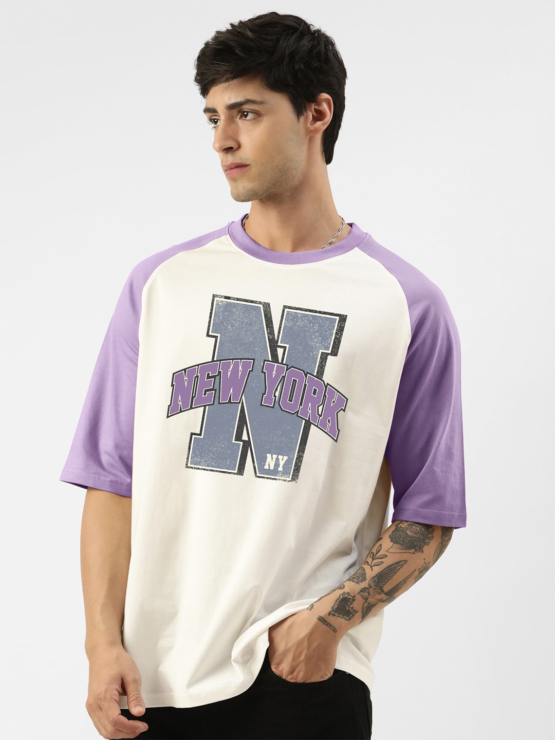 

Maniac Typography Printed Raglan Sleeves Cotton Oversized T-shirt, Lavender