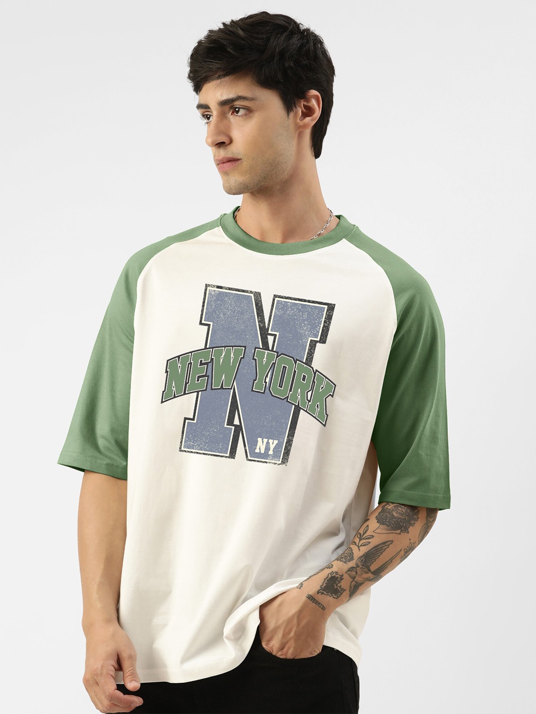 

Maniac Typography Printed Raglan Sleeves Cotton Oversized T-shirt, Green