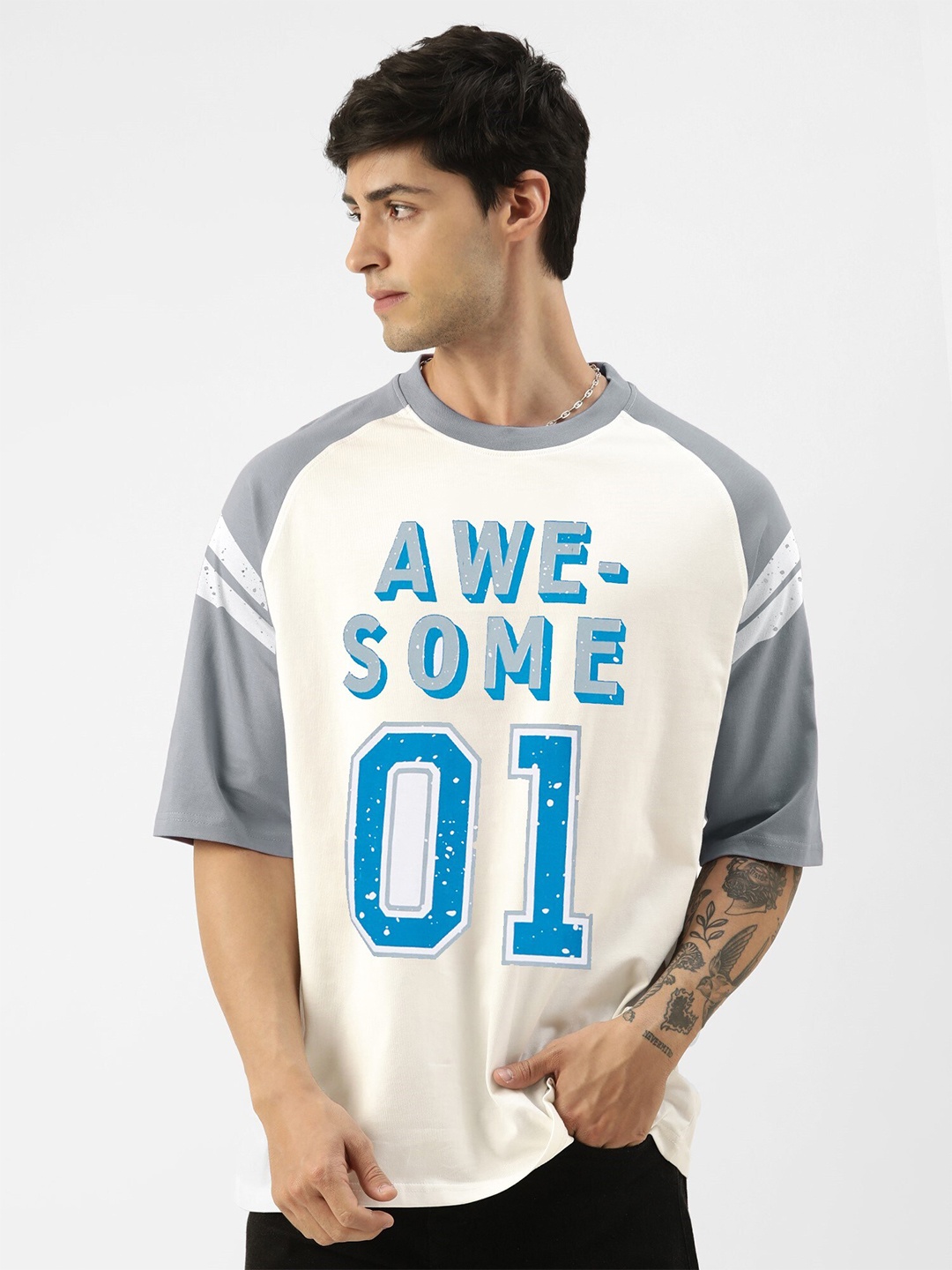 

Maniac Typography Printed Raglan Sleeves Cotton Oversized T-shirt, White