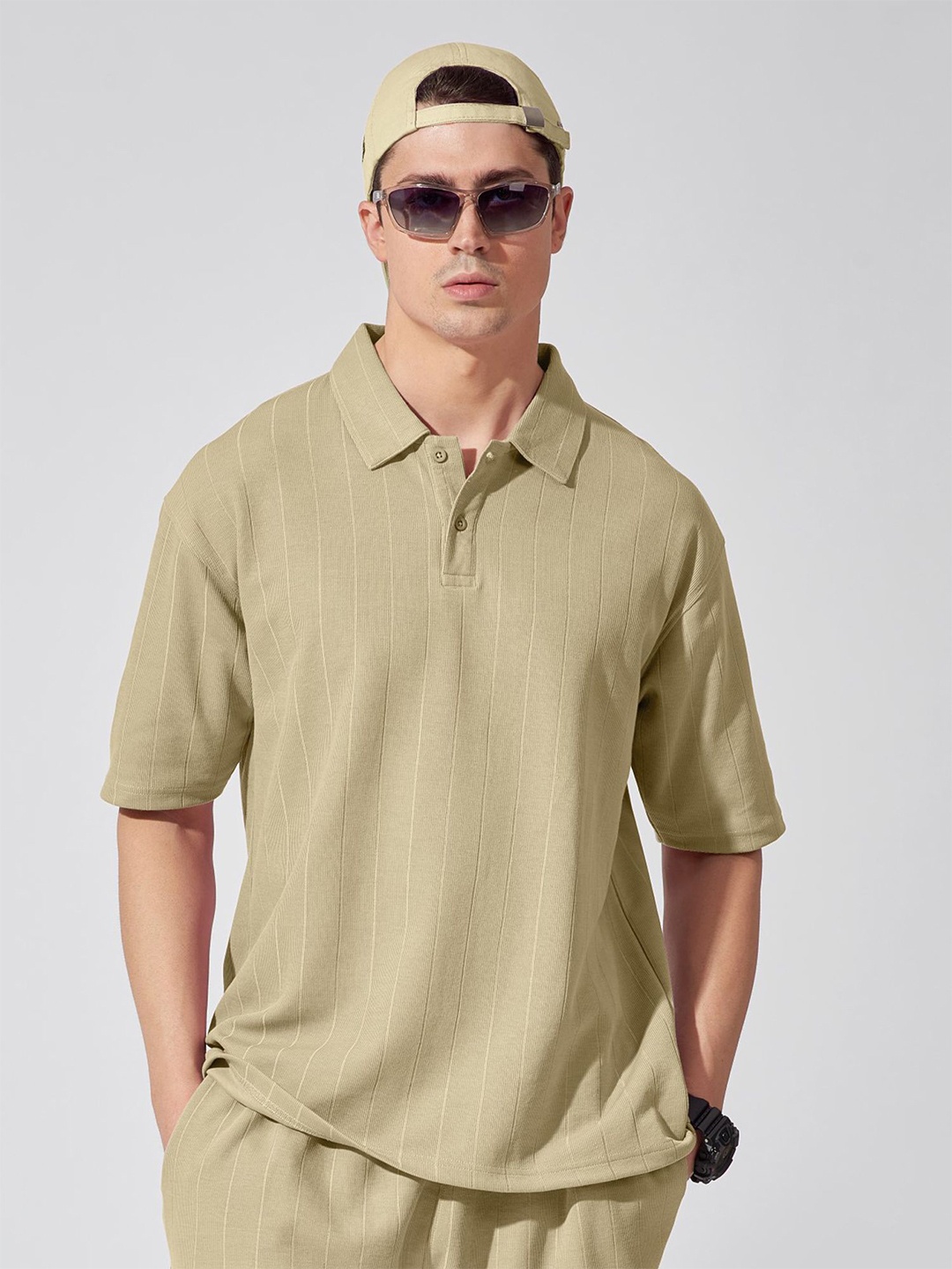 

Maniac Polo Collar Drop Shoulder Sleeves Cotton Oversized T-shirt, Beige