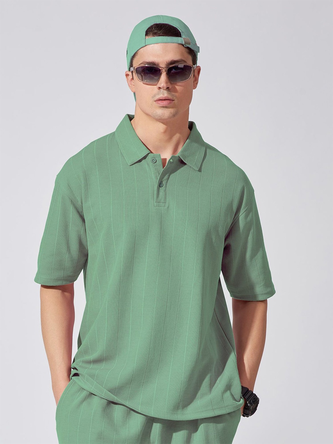 

Maniac Polo Collar Drop Shoulder Sleeves Cotton Oversized T-shirt, Green